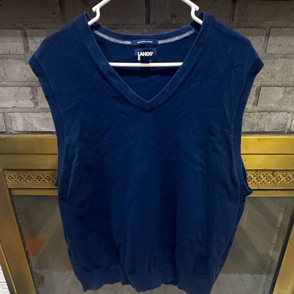 Lands' End Men's V-Neck Sweater Vest Solid Blue Knit Cotton Size L